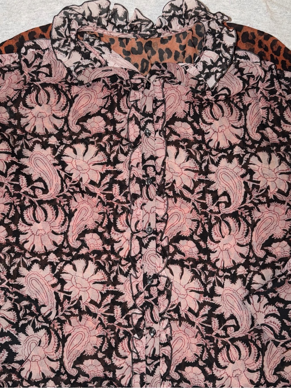 Floral Paisley Button-Up Blouse in Pink and Black with Cheetah